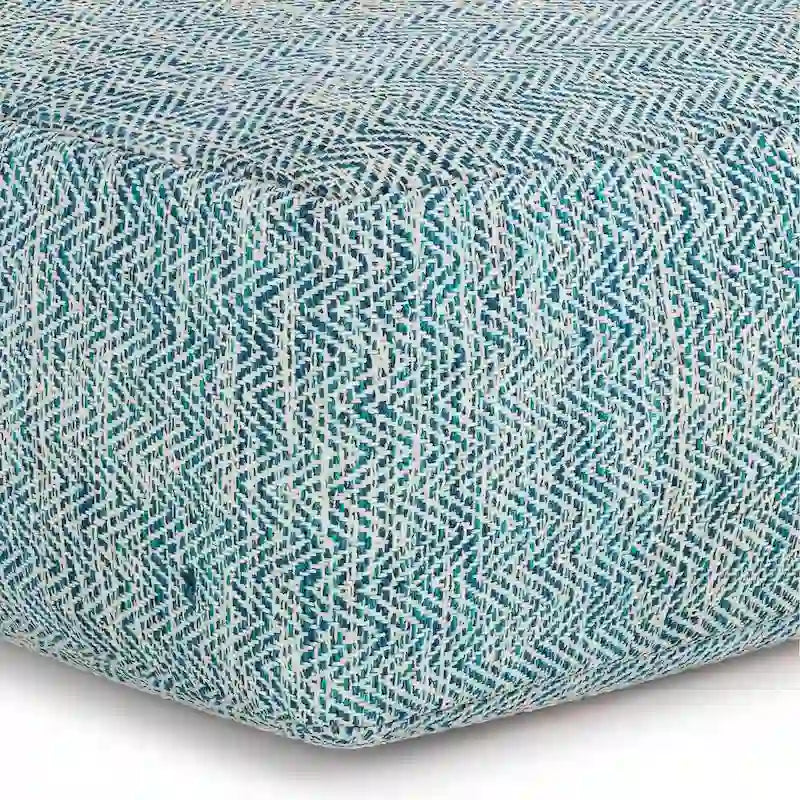 Square Woven Herringbone Pouf Ottoman – Light Blue-Grey, Soft Knit Texture, Living Room Footstool