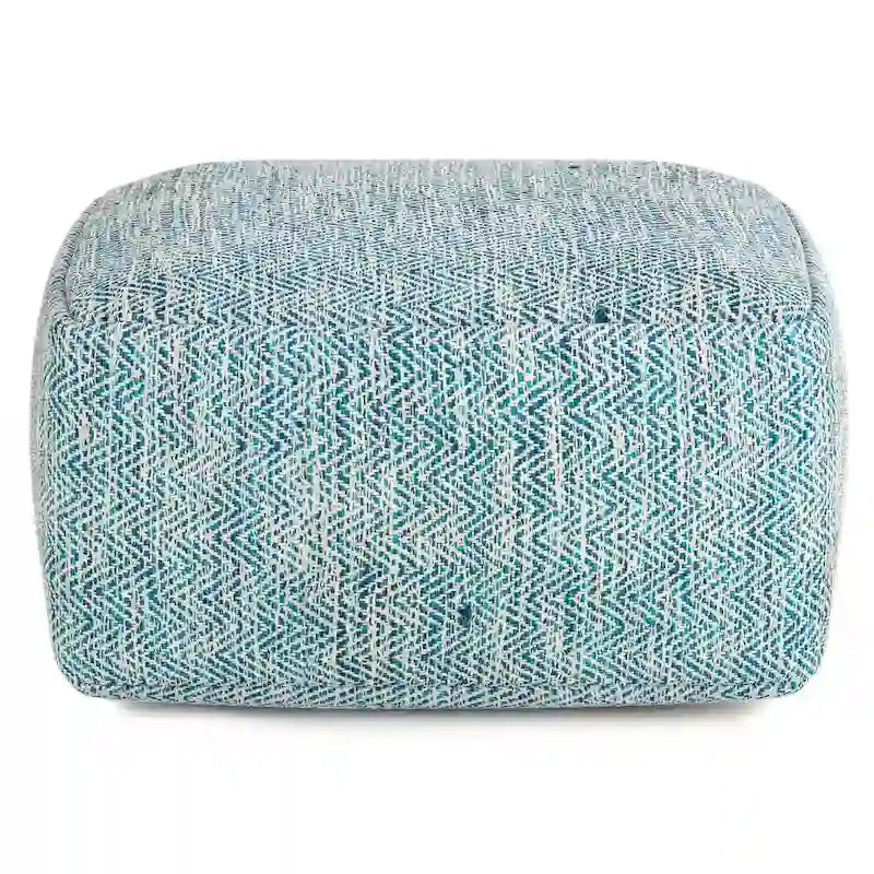 Square Woven Herringbone Pouf Ottoman – Light Blue-Grey, Soft Knit Texture, Living Room Footstool