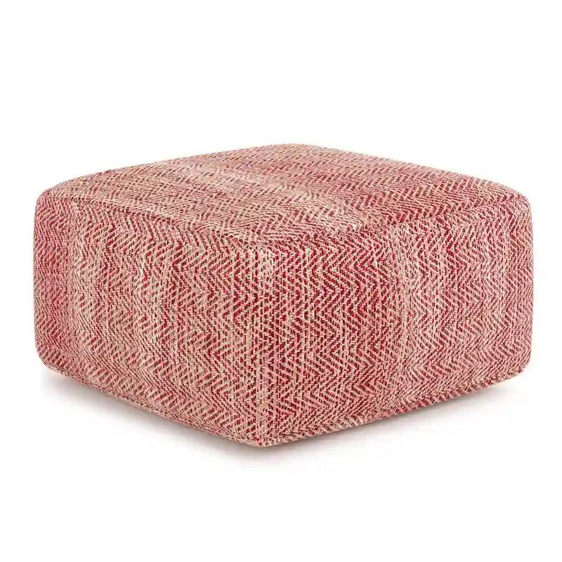Square Woven Herringbone Pouf Ottoman – Light Blue-Grey, Soft Knit Texture, Living Room Footstool