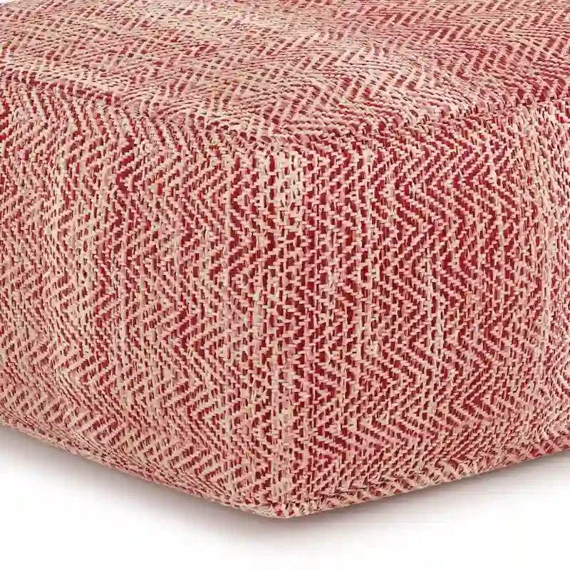 Square Woven Herringbone Pouf Ottoman – Light Blue-Grey, Soft Knit Texture, Living Room Footstool