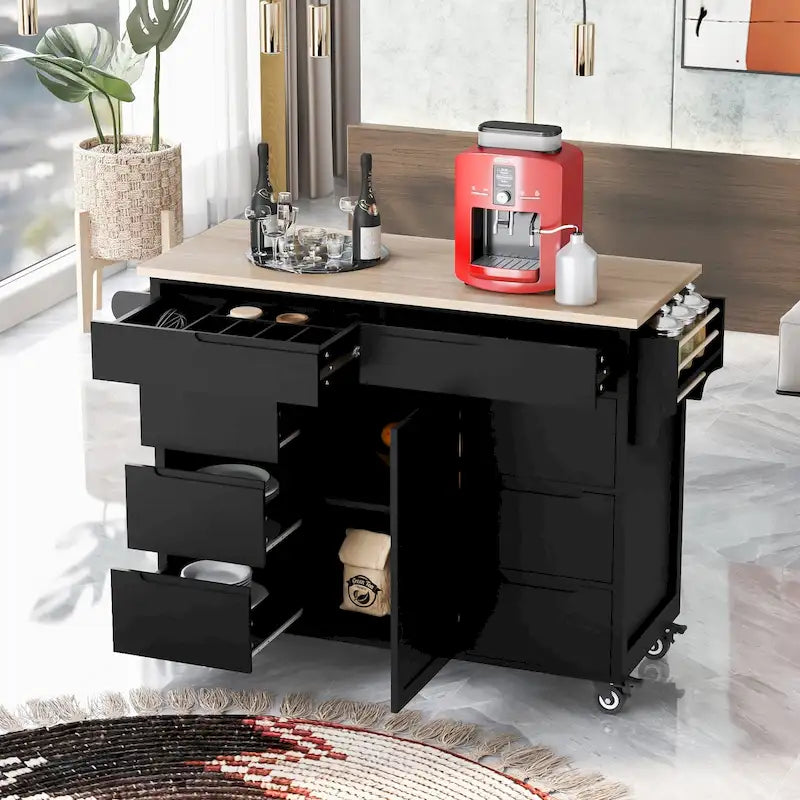 Large Mobile Kitchen Island with Drawers, Cabinet Storage & Natural Wood Countertop – Navy Blue, Locking Wheels