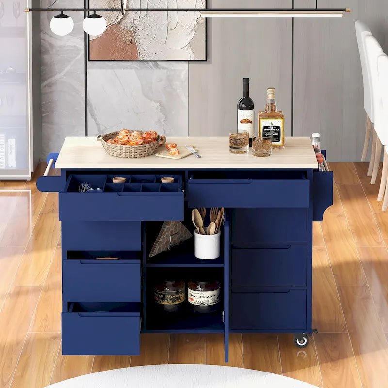 Large Mobile Kitchen Island with Drawers, Cabinet Storage & Natural Wood Countertop – Navy Blue, Locking Wheels