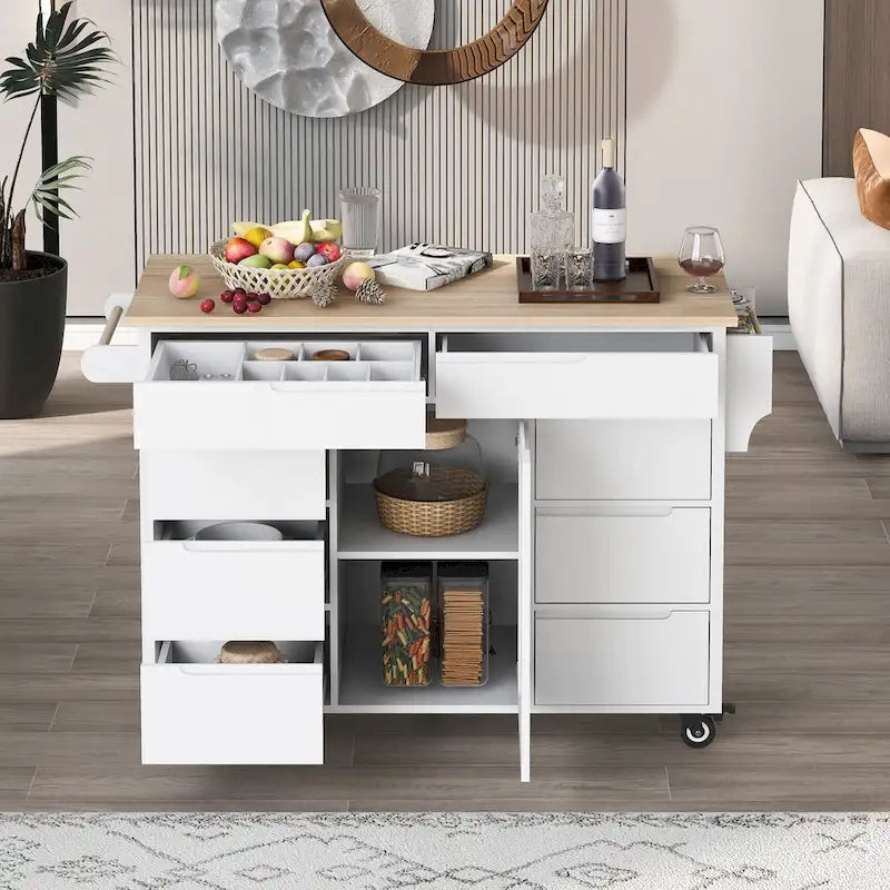 Large Mobile Kitchen Island with Drawers, Cabinet Storage & Natural Wood Countertop – Navy Blue, Locking Wheels