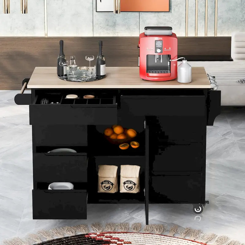 Large Mobile Kitchen Island with Drawers, Cabinet Storage & Natural Wood Countertop – Navy Blue, Locking Wheels