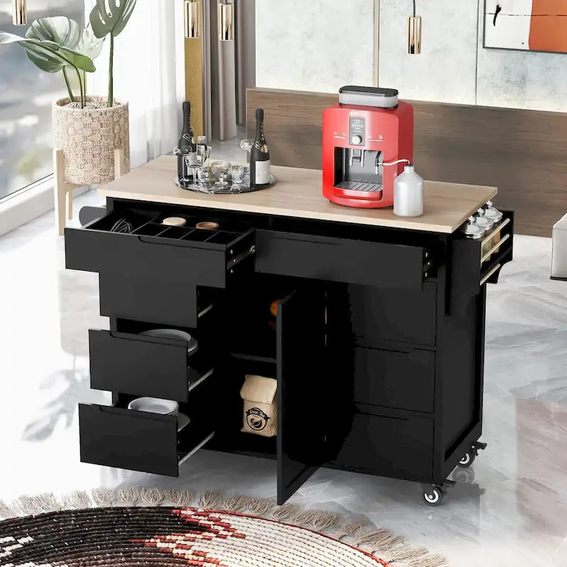 Large Mobile Kitchen Island with Drawers, Cabinet Storage & Natural Wood Countertop – Navy Blue, Locking Wheels