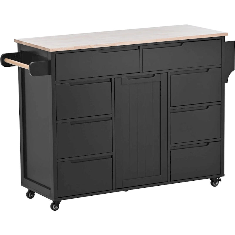 Large Mobile Kitchen Island with Drawers, Cabinet Storage & Natural Wood Countertop – Navy Blue, Locking Wheels
