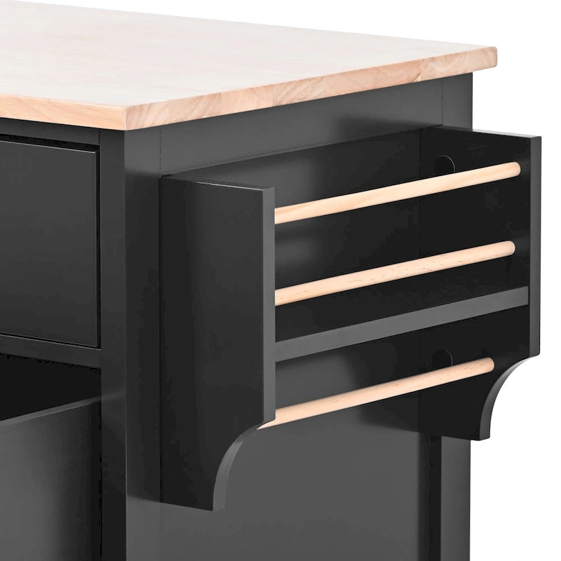 Large Mobile Kitchen Island with Drawers, Cabinet Storage & Natural Wood Countertop – Navy Blue, Locking Wheels