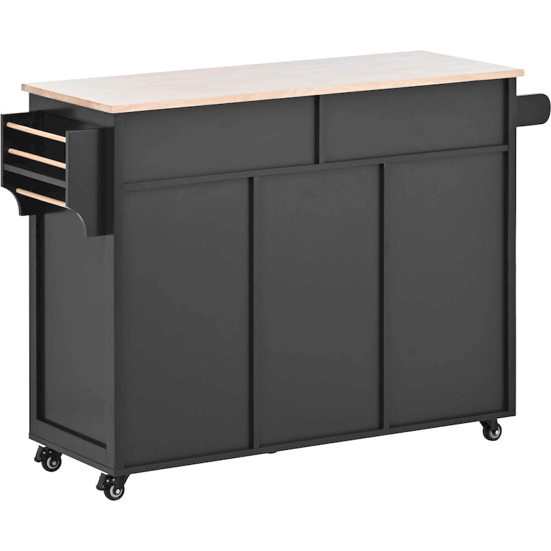 Large Mobile Kitchen Island with Drawers, Cabinet Storage & Natural Wood Countertop – Navy Blue, Locking Wheels
