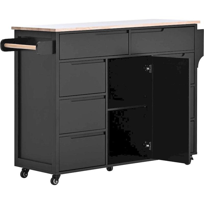 Large Mobile Kitchen Island with Drawers, Cabinet Storage & Natural Wood Countertop – Navy Blue, Locking Wheels