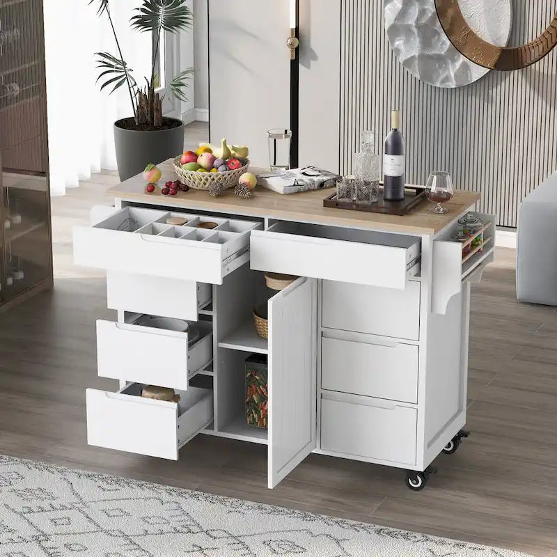 Large Mobile Kitchen Island with Drawers, Cabinet Storage & Natural Wood Countertop – Navy Blue, Locking Wheels