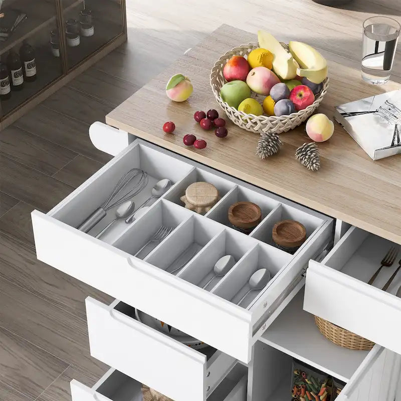 Large Mobile Kitchen Island with Drawers, Cabinet Storage & Natural Wood Countertop – Navy Blue, Locking Wheels