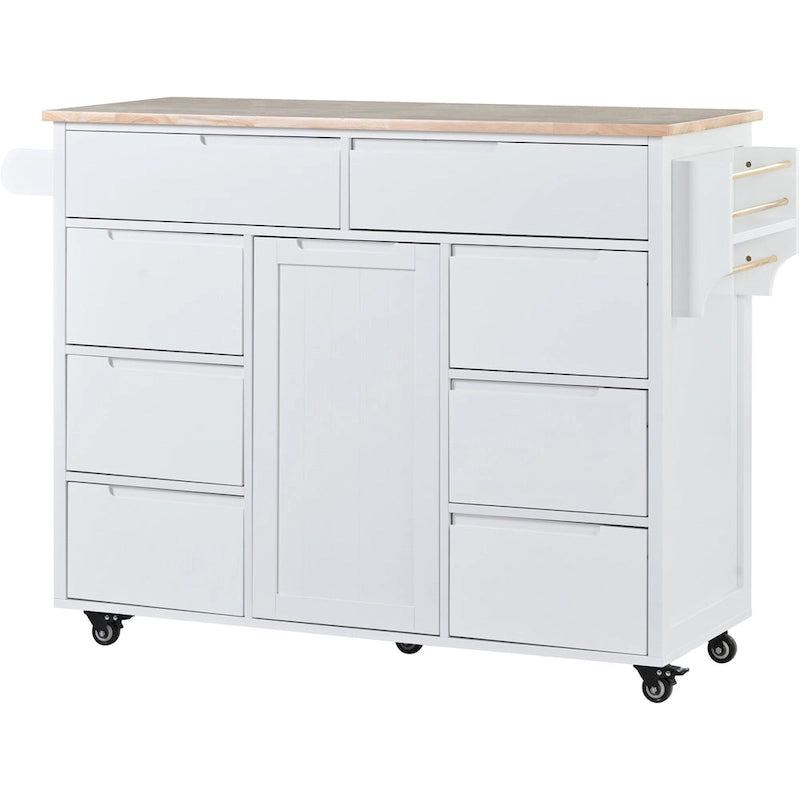 Large Mobile Kitchen Island with Drawers, Cabinet Storage & Natural Wood Countertop – Navy Blue, Locking Wheels