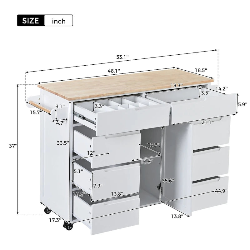 Large Mobile Kitchen Island with Drawers, Cabinet Storage & Natural Wood Countertop – Navy Blue, Locking Wheels