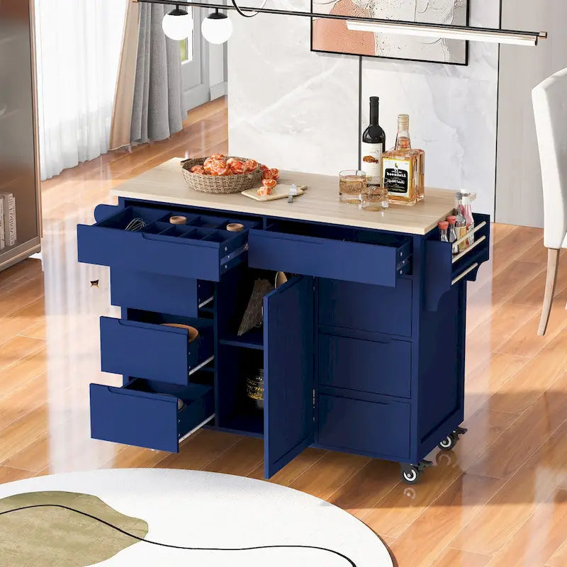 Large Mobile Kitchen Island with Drawers, Cabinet Storage & Natural Wood Countertop – Navy Blue, Locking Wheels