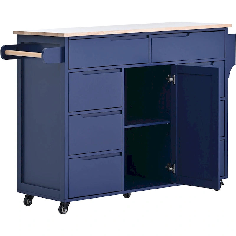 Large Mobile Kitchen Island with Drawers, Cabinet Storage & Natural Wood Countertop – Navy Blue, Locking Wheels