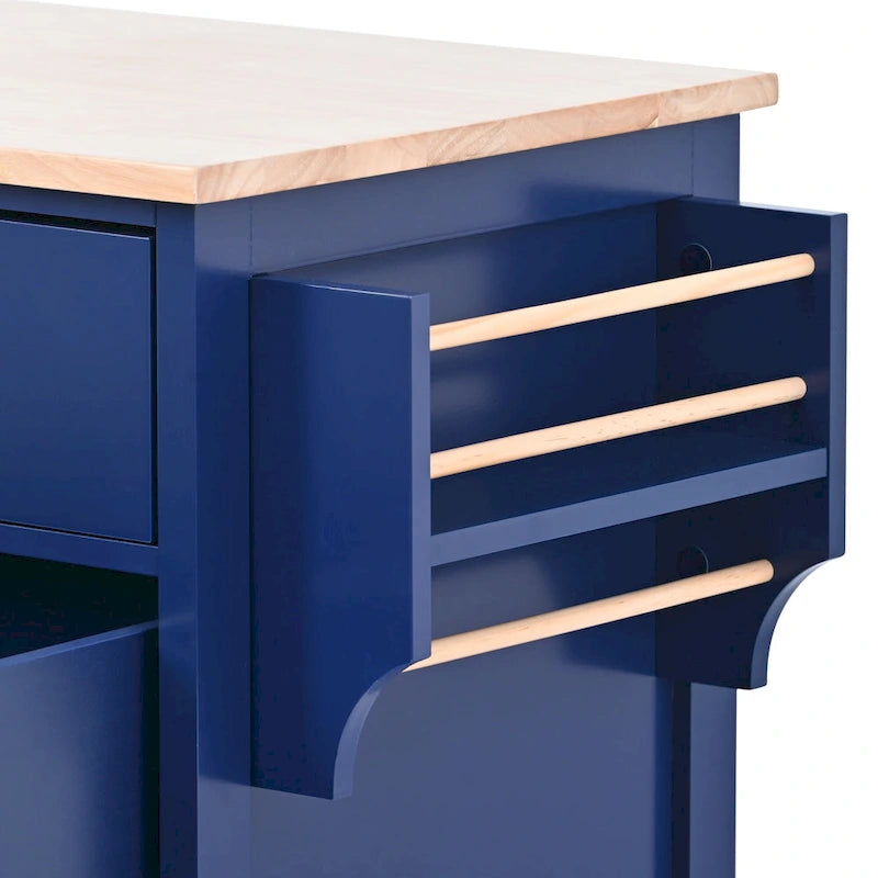 Large Mobile Kitchen Island with Drawers, Cabinet Storage & Natural Wood Countertop – Navy Blue, Locking Wheels