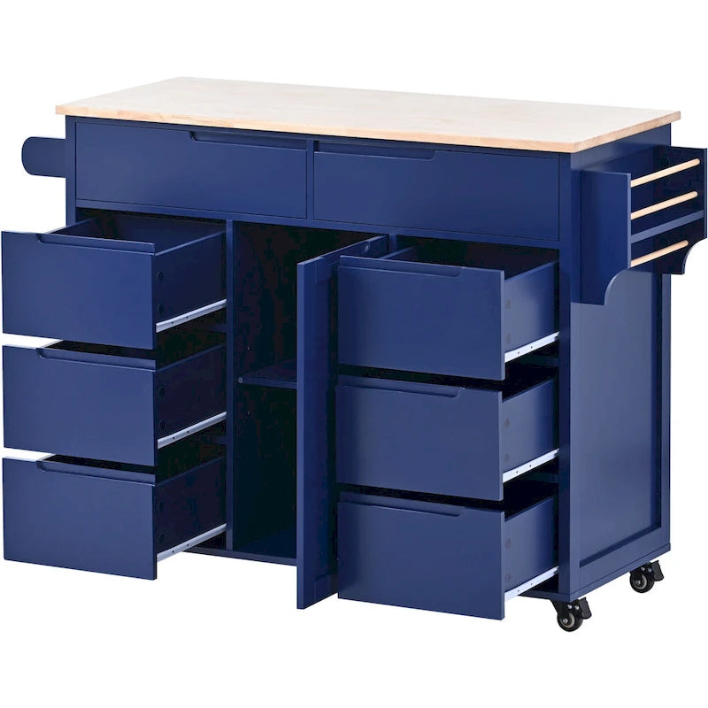 Large Mobile Kitchen Island with Drawers, Cabinet Storage & Natural Wood Countertop – Navy Blue, Locking Wheels