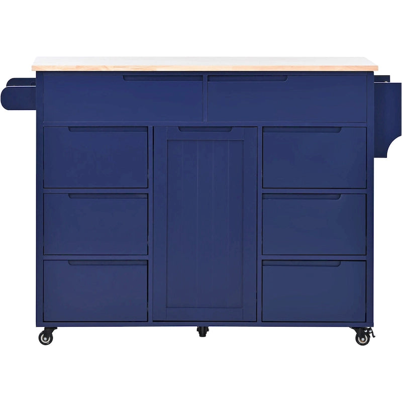 Large Mobile Kitchen Island with Drawers, Cabinet Storage & Natural Wood Countertop – Navy Blue, Locking Wheels