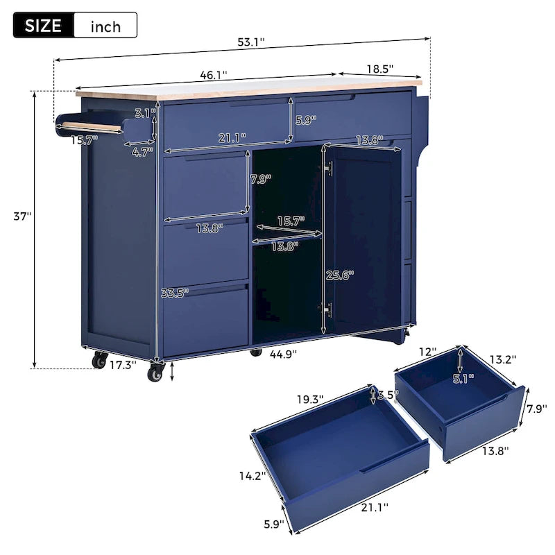 Large Mobile Kitchen Island with Drawers, Cabinet Storage & Natural Wood Countertop – Navy Blue, Locking Wheels