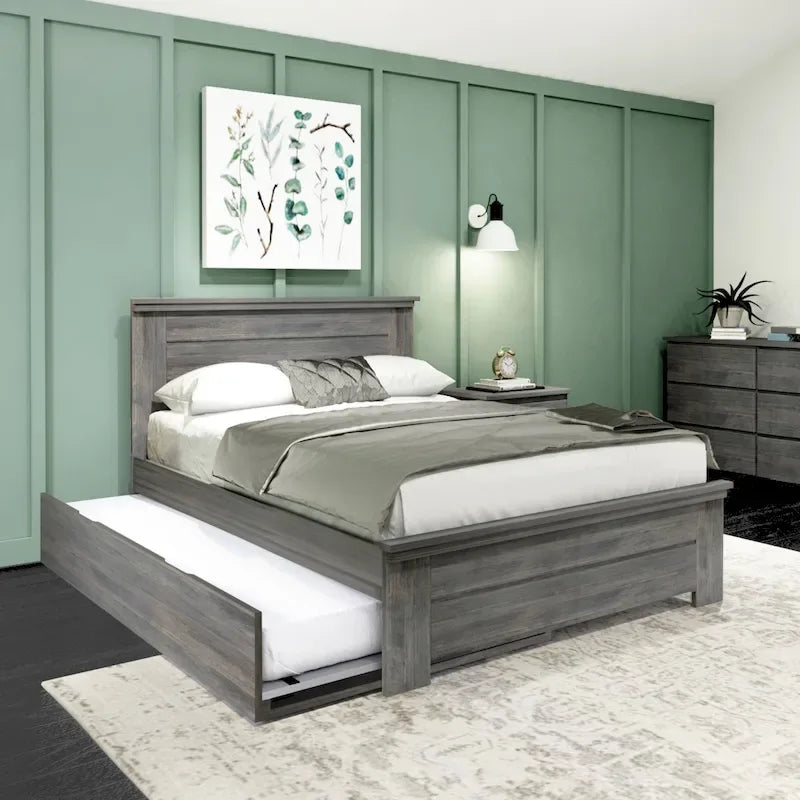 Farmhouse Full Size Bed with Panel Headboard & Pull-Out Trundle – Solid Wood, White Finish