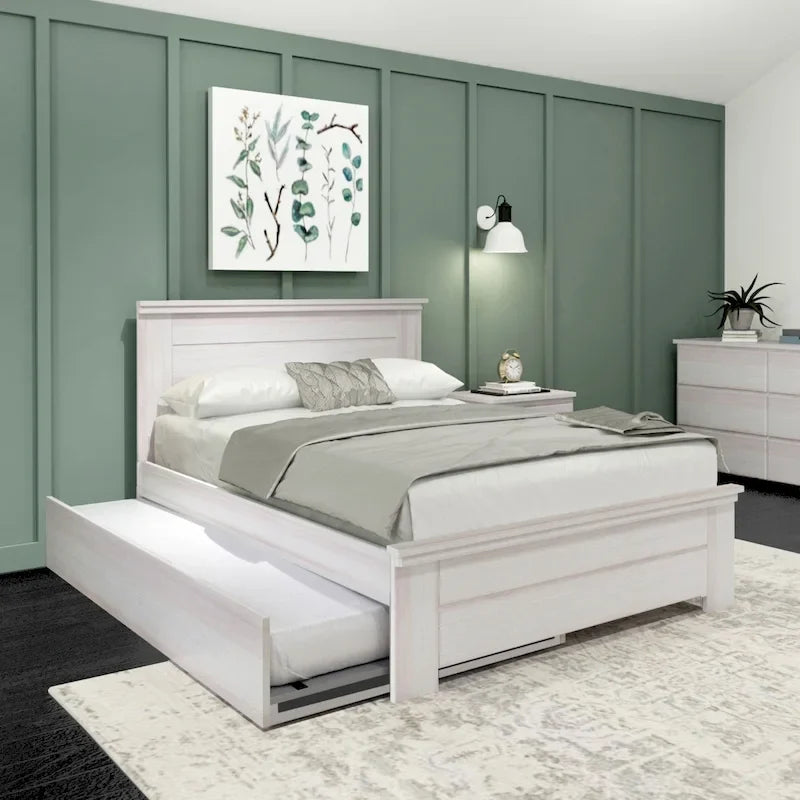 Farmhouse Full Size Bed with Panel Headboard & Pull-Out Trundle – Solid Wood, White Finish