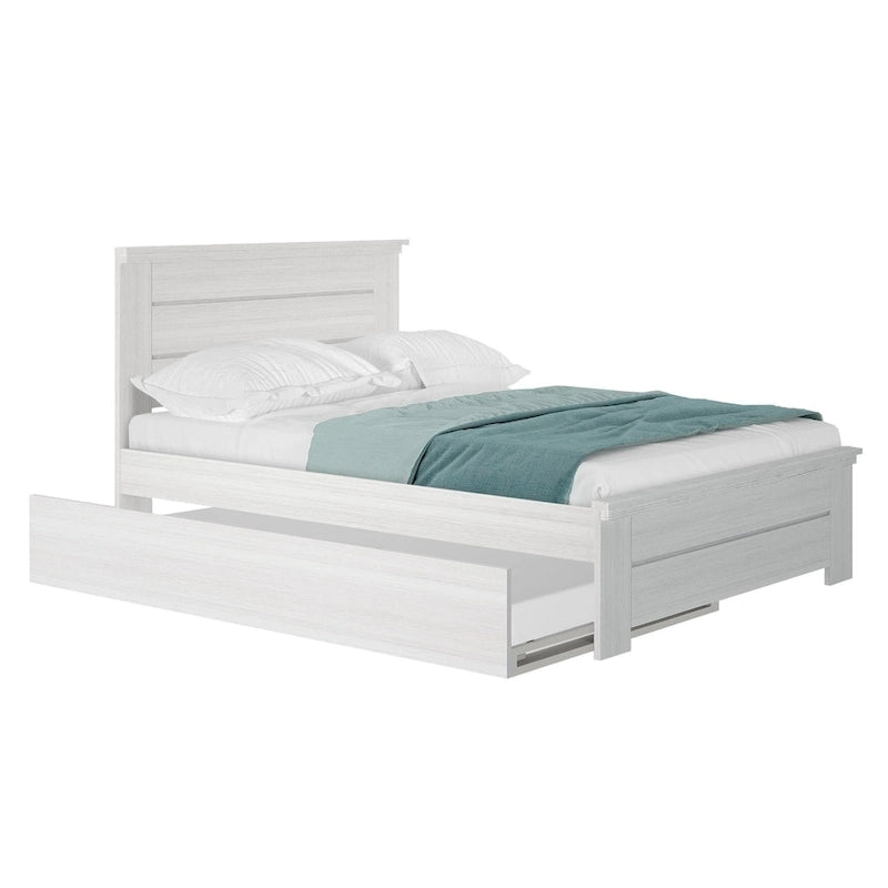 Farmhouse Full Size Bed with Panel Headboard & Pull-Out Trundle – Solid Wood, White Finish