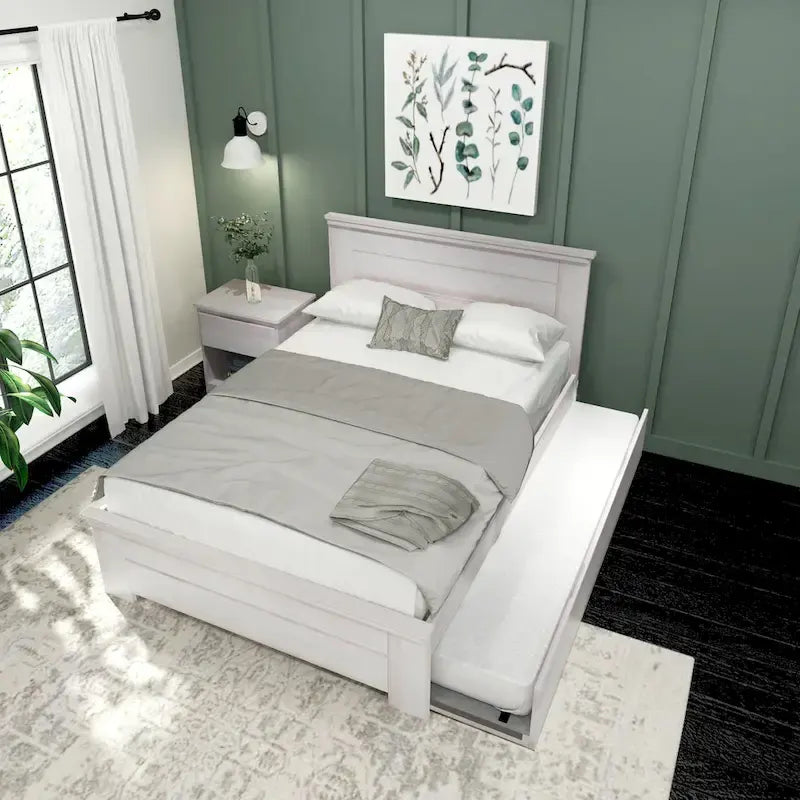 Farmhouse Full Size Bed with Panel Headboard & Pull-Out Trundle – Solid Wood, White Finish
