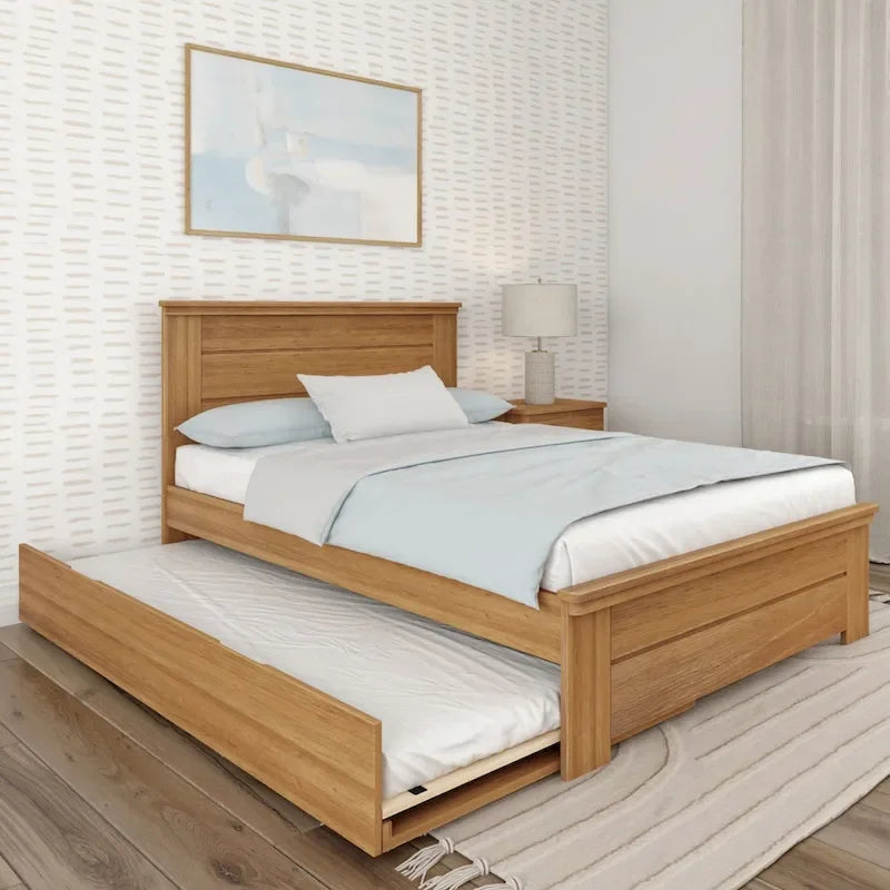 Farmhouse Full Size Bed with Panel Headboard & Pull-Out Trundle – Solid Wood, White Finish