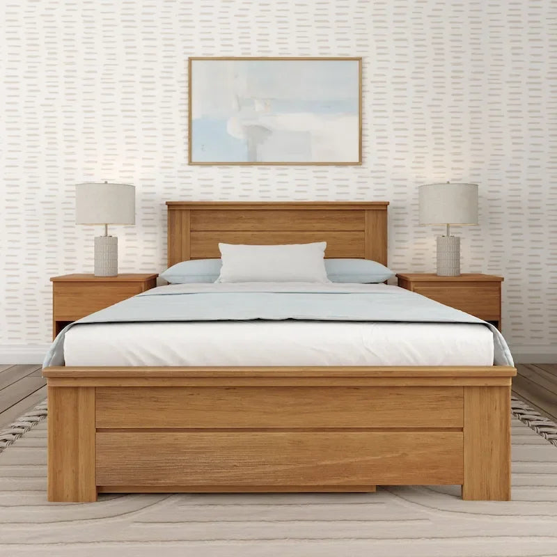 Farmhouse Full Size Bed with Panel Headboard & Pull-Out Trundle – Solid Wood, White Finish
