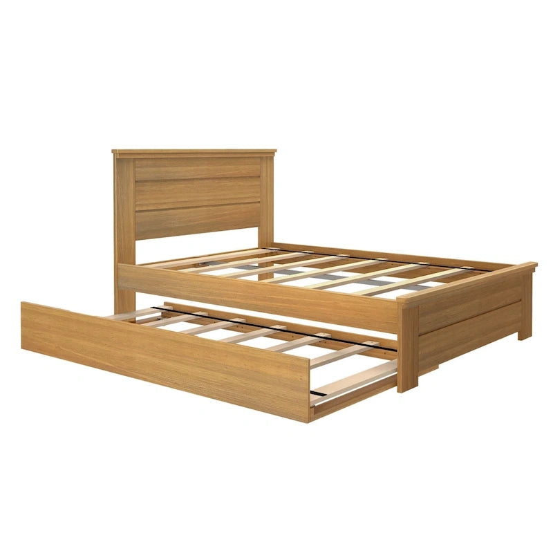 Farmhouse Full Size Bed with Panel Headboard & Pull-Out Trundle – Solid Wood, White Finish