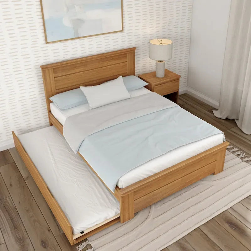 Farmhouse Full Size Bed with Panel Headboard & Pull-Out Trundle – Solid Wood, White Finish