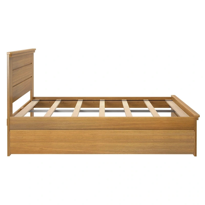 Farmhouse Full Size Bed with Panel Headboard & Pull-Out Trundle – Solid Wood, White Finish