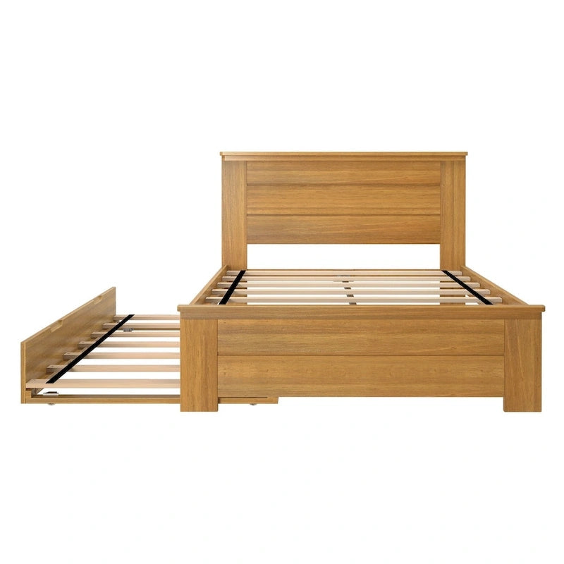 Farmhouse Full Size Bed with Panel Headboard & Pull-Out Trundle – Solid Wood, White Finish