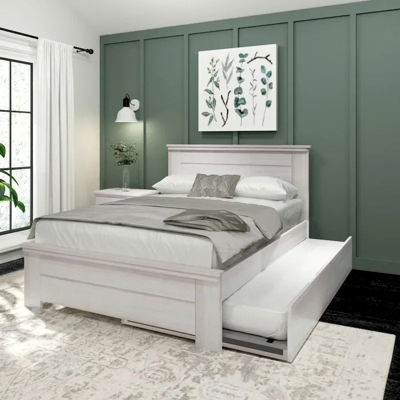 Farmhouse Full Size Bed with Panel Headboard & Pull-Out Trundle – Solid Wood, White Finish