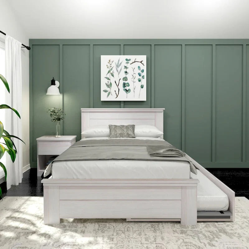 Farmhouse Full Size Bed with Panel Headboard & Pull-Out Trundle – Solid Wood, White Finish