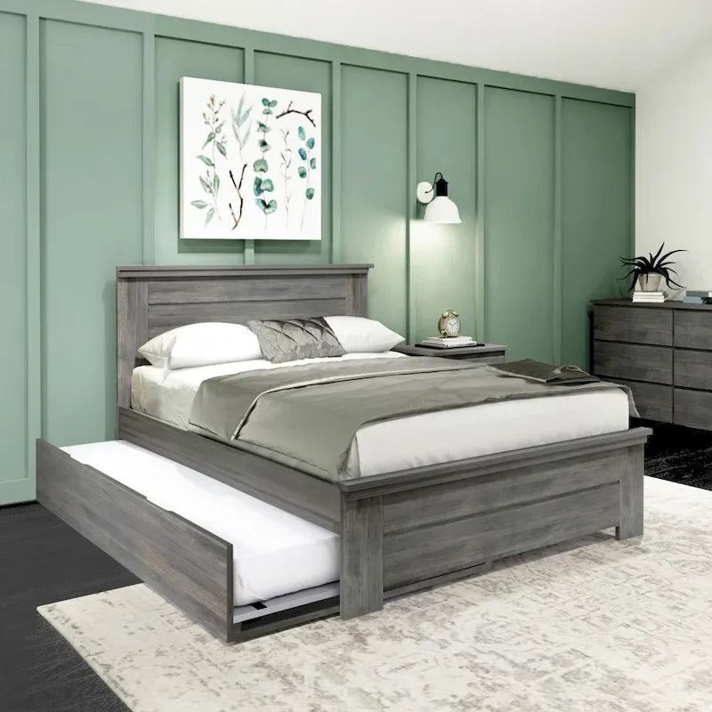 Farmhouse Full Size Bed with Panel Headboard & Pull-Out Trundle – Solid Wood, White Finish
