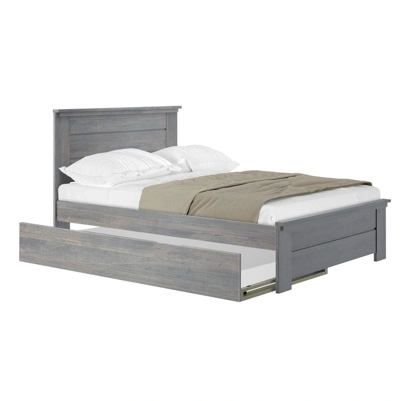 Farmhouse Full Size Bed with Panel Headboard & Pull-Out Trundle – Solid Wood, White Finish