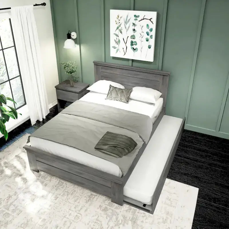 Farmhouse Full Size Bed with Panel Headboard & Pull-Out Trundle – Solid Wood, White Finish