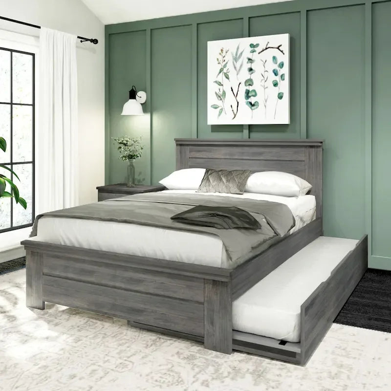 Farmhouse Full Size Bed with Panel Headboard & Pull-Out Trundle – Solid Wood, White Finish