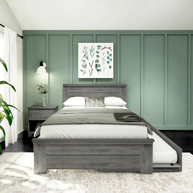 Farmhouse Full Size Bed with Panel Headboard & Pull-Out Trundle – Solid Wood, White Finish