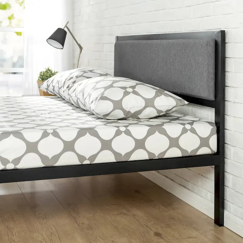 Black Steel Platform Bed Frame with Grey Fabric Upholstered Headboard – No Box Spring Needed