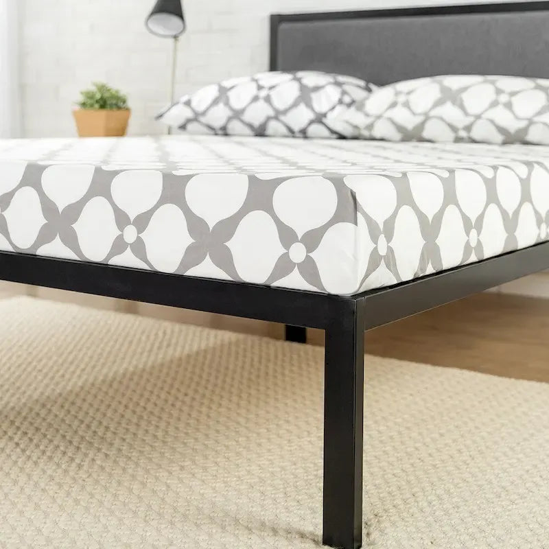 Black Steel Platform Bed Frame with Grey Fabric Upholstered Headboard – No Box Spring Needed