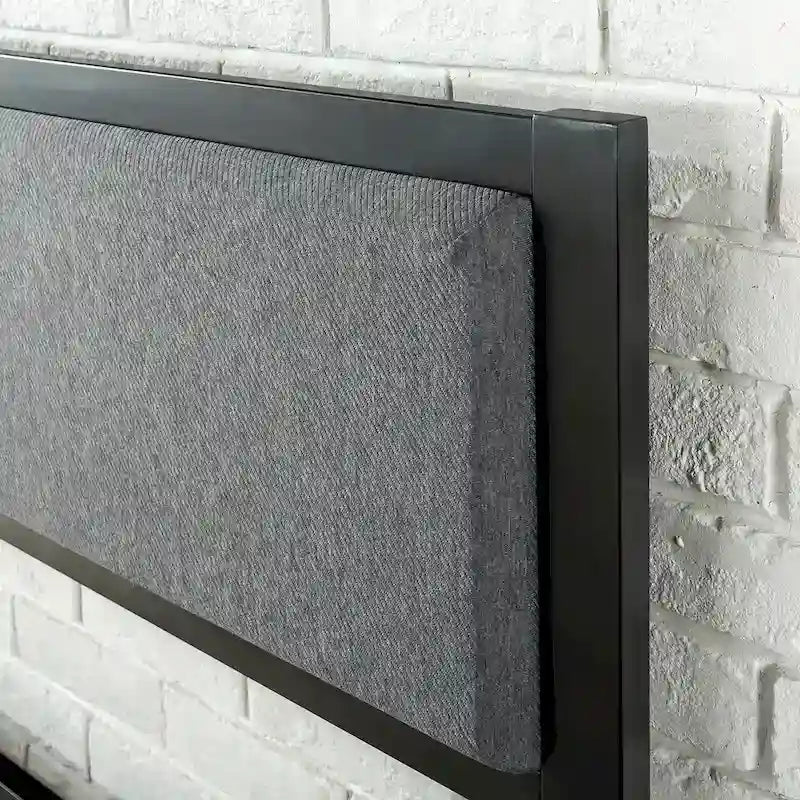 Black Steel Platform Bed Frame with Grey Fabric Upholstered Headboard – No Box Spring Needed