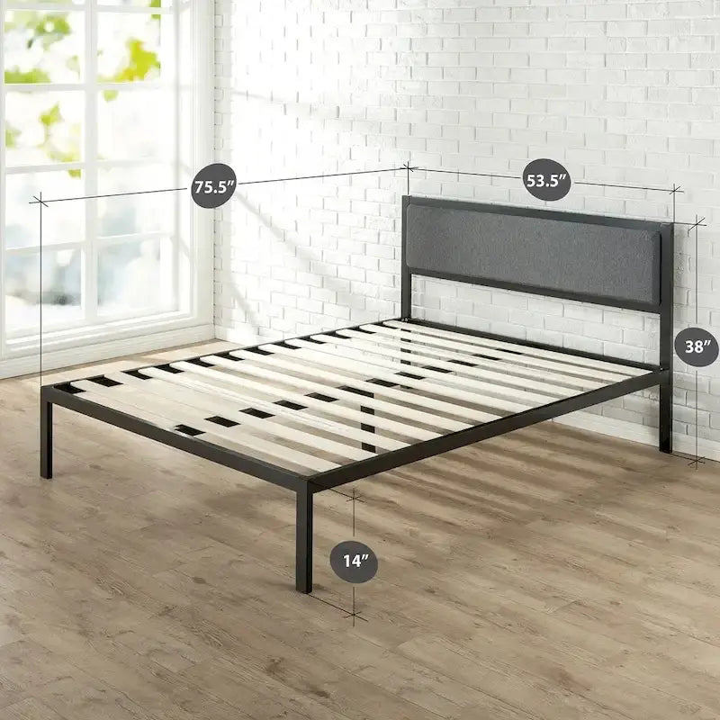 Black Steel Platform Bed Frame with Grey Fabric Upholstered Headboard – No Box Spring Needed