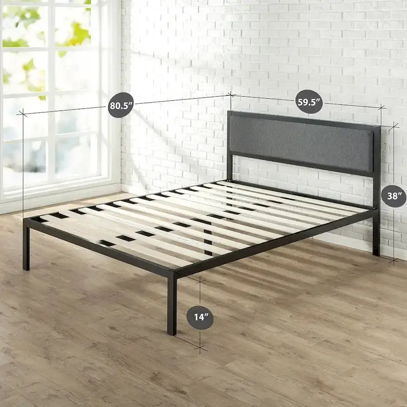 Black Steel Platform Bed Frame with Grey Fabric Upholstered Headboard – No Box Spring Needed