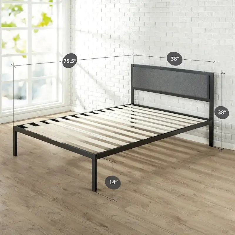Black Steel Platform Bed Frame with Grey Fabric Upholstered Headboard – No Box Spring Needed