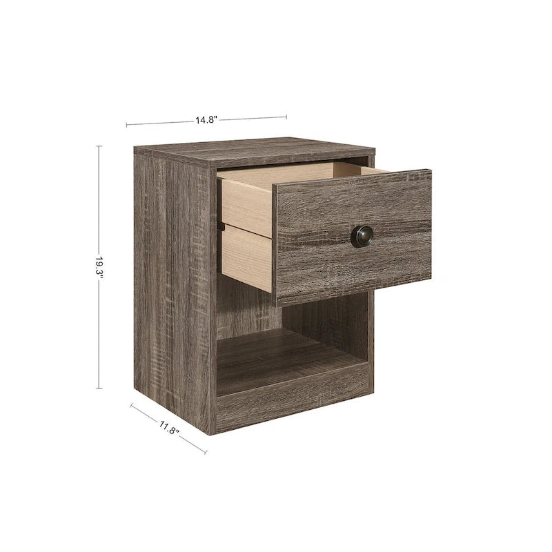 Nightstand with 1 Drawer & Open Shelf – Bedside Table in Light Oak or Grey, 11"W Interior Drawer