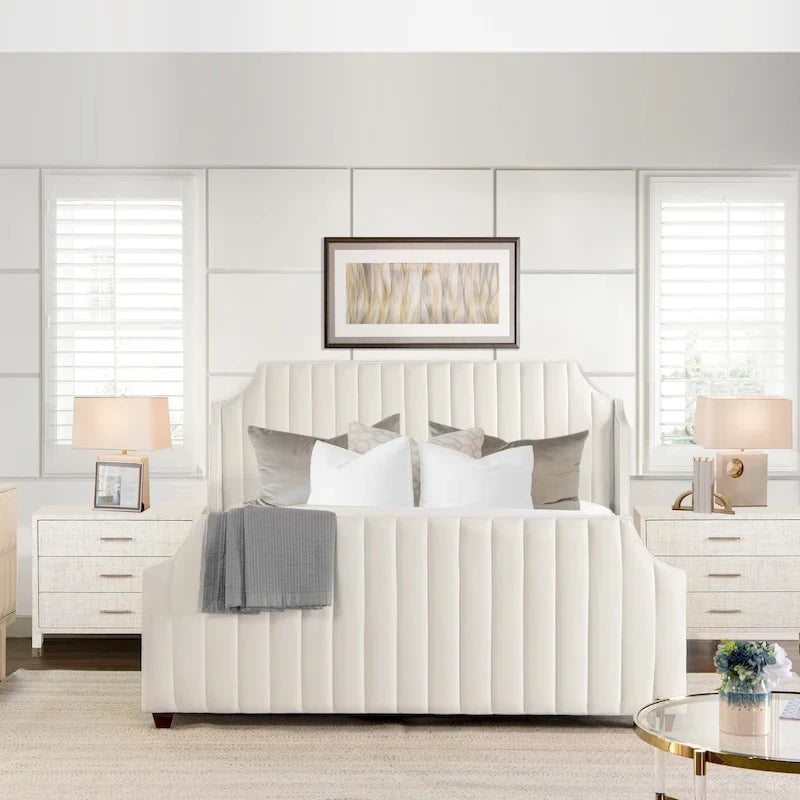 King Panel Bed Frame with Channel Tufted Winged Headboard – 900 lb Capacity, 2 Colors