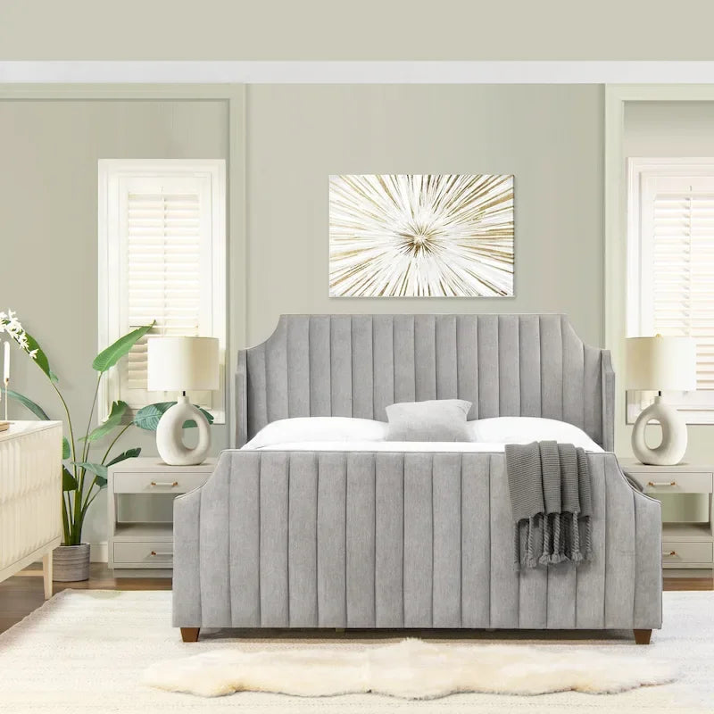 King Panel Bed Frame with Channel Tufted Winged Headboard – 900 lb Capacity, 2 Colors