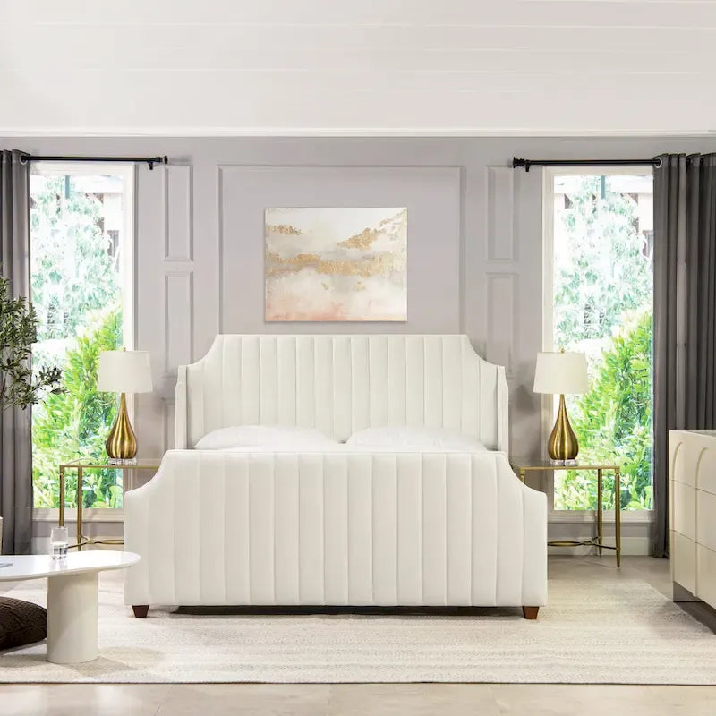 King Panel Bed Frame with Channel Tufted Winged Headboard – 900 lb Capacity, 2 Colors
